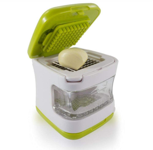 The Garlic Cube Garlic Press, Dices, Crushes, Minces, and Storage Container - Includes Silicone Garlic Peeler - Easy to Clean - Stainless Steel Blades