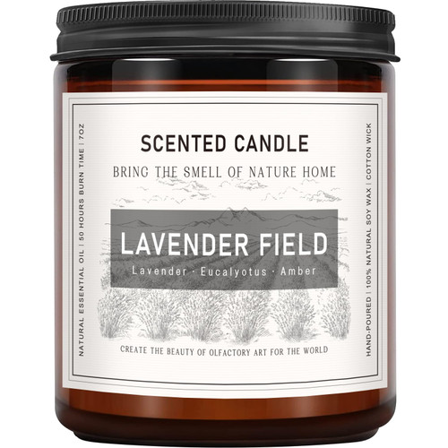 Soy Wax Lavender Field Scented Candle, 7 oz 50 Hour Long Lasting Aromatherapy Jar Candles