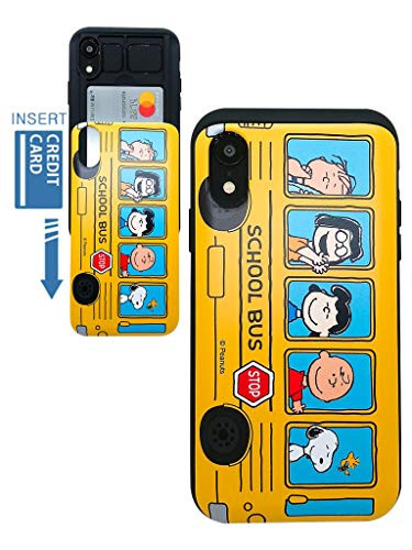 [iPhone XR Wallet Case] Kubrick Peanuts Snoopy Charlie Brown Slide Bumper Phone Case Dual Layer Card Wallet Holder (Peanuts School Bus)