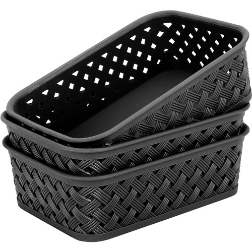 MaxGear Organization and Storage 3 Packs, Plastic Storage Bins Organizer Bins, Woven Baskets for Storage, Plastic Baskets with Handles Storage Baskets for Organizing, Basket Organizer, Small, Black