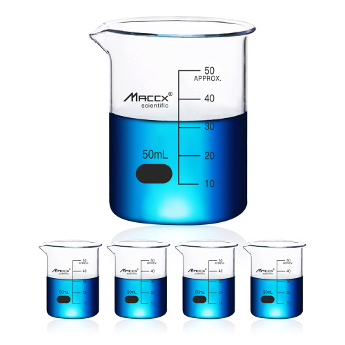 Maccx 1.7oz(50ml) Sturdy Glass Beaker, 3.3 Borosilicate Griffin Low Form with Printed Graduation, Pack of 4, BKL050-004