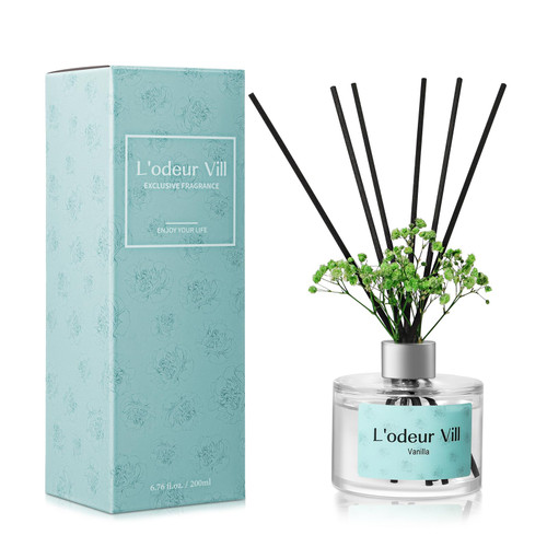 L'odeur Vill Reed Diffuser Set, 6.7 oz(200ml) Vanilla Scented Diffuser with 6 Oil Diffuser Sticks, Home Fragrance Essential Oil Reed Diffuser for Home Large Rooms Bathroom Shelf Decor