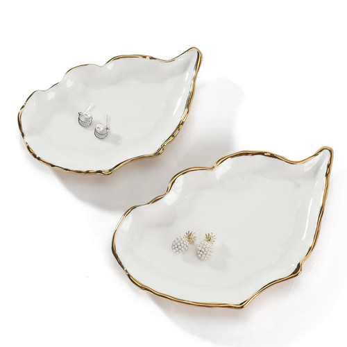 HOME SMILE Oyster Shell Ring Dish,Jewelry Dish Tray Set of 2 Large,Christmas Gifts for Women,Ceramic Gold