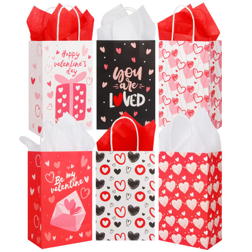 DERAYEE Valentines Day Gift Bags with Handle, 24 Pack Heart Bags with Tissue Paper Medium Valentines Kraft Paper Wrapping Bags for Valentines Party Favors