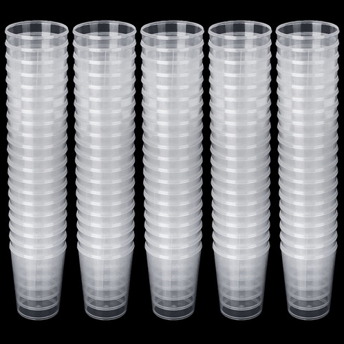 DAJAVE 100Pcs 50ML Plastic Graduated Measuring Beaker Set, Clear Resin Mixing Cups, Liquid Container Beakers for Lab Use, Graduations Liquid Container Beakers, Tapered Spout