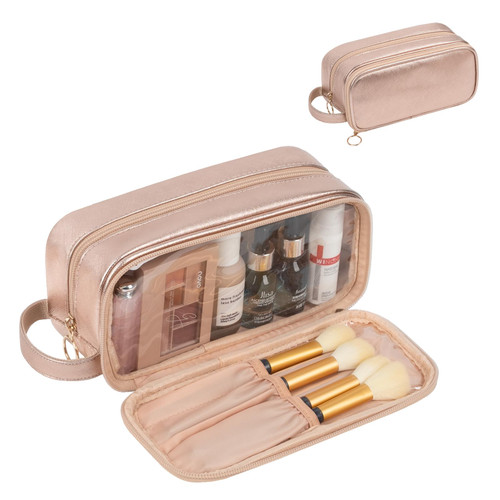 CUBETASTIC Small Makeup Bag for Women, Travel Cosmetic Bag for Purse, Leather Make Up Zipper Pouch Organizer with Makeup Brush Storage Compartment Portable Cute Makeup Travel Bag