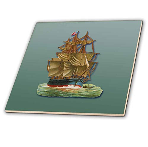 3dRose ct_170827_1 Blue and Red Sailing Ship with Us Flag and a Small Rowboat Ceramic Tile, 4-Inch