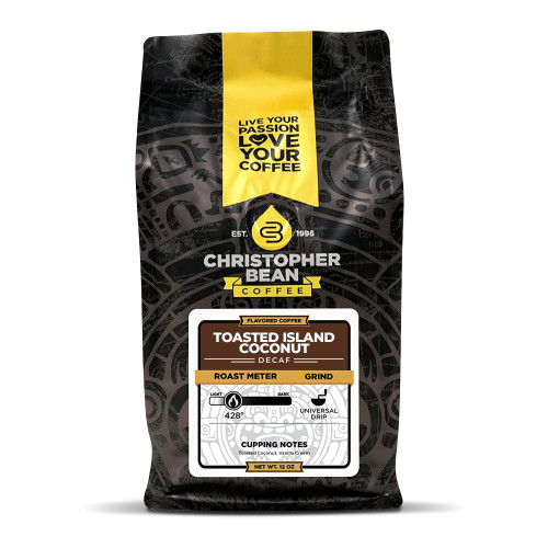 Christopher Bean Coffee Decaf Coffee Ground - Toasted Island Coconut Flavored Coffee, Decaffeinated Coffee w/Non-GMO Flavoring, Arabica Coffee Beans, Makes 30 Cups, Non-Dairy & Sugar-Free, 12 oz