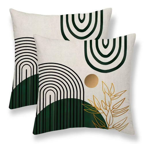 Boho Pillow Covers 16x16 Set of 2, Mid Century Green Tropical Leaves Decorative Outdoor Throw Pillow Covers Abstract Geometric Minimalist Modern Cushion Case Linen Square for Home Couch Sofa