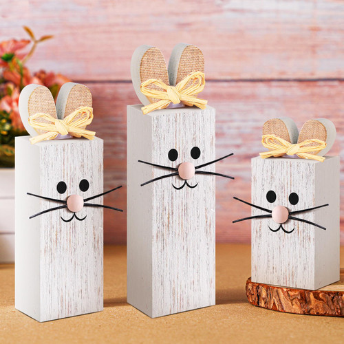 BBTO 3 Pcs Spring Wooden Table Decor Easter Tiered Tray Decor Easter Bunny Tabletop Decor Bunny Block Sign Farmhouse Bunny Ears Table Centerpiece for Spring