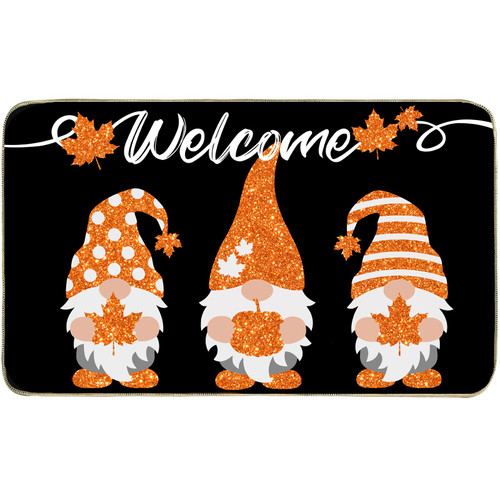 AnyDesign Fall Welcome Doormat Glitter Gnomes Front Door Mat Orange Autumn Maple Leaves Pumpkin Felt Floor Mat for Thanksgiving Harvest Farmhouse Indoor Outdoor Home Kitchen Decoration, 17 x 29 Inch
