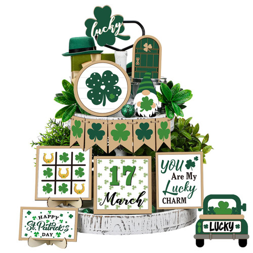 Anglechic 14 Pcs St. Patrick's Day Tiered Tray Decor St. Patrick's Day Wooden Signs Green Shamrock Truck Gnome Rustic Farmhouse Decor shamrock Party Table Centerpiece for Home Tabletop Decorations