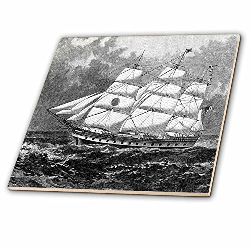 3dRose ct_61970_1 Sketch of Vintage World Class Sailing Ship Ceramic Tile, 4-Inch