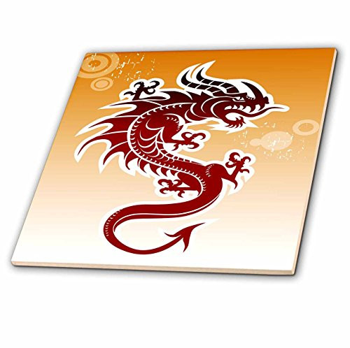 3dRose ct_62464_1 Asian Dark Red Dragon on Orangy Background Ceramic Tile, 4-Inch