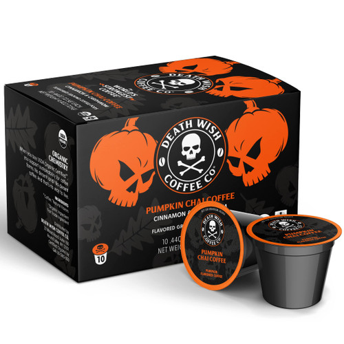 DEATH WISH COFFEE - Organic Pumpkin Spice Dark Roast Coffee Single Serve - Extra Kick of Caffeine, Fair Trade, Arabica, Chai, Cardamom, Cinnamon, and Ginger Infused Spices (Pumpkin Chai, 10 Count) DEATH WISH COFFEE - Organic Pumpkin Spice Dark Roast Coffee Single Serve - Extra Kick of Caffeine, Fair Trade, Arabica, Chai, Cardamom, Cinnamon, and Ginger Infused Spices (Pumpkin Chai, 10 Count)