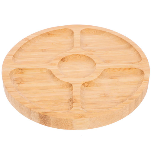 Zerodeko Wooden Tray with 5 Sections Round Tray Chip and Dip Platter Divided Serving Tray Plate Snack Candy Serving Dish Compartment Wooden Tray Veggie Platter