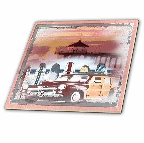 3dRose ct_60101_1 Manhattan Beach California Woody and Surfboard Art Ceramic Tile, 4-Inch