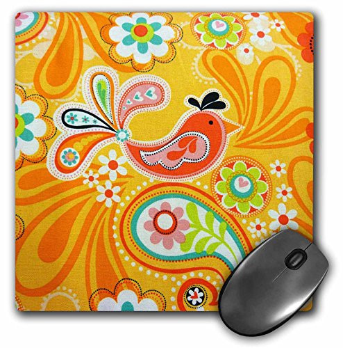 3dRose LLC 8 x 8 x 0.25 Inches Mouse Pad, Orange/Turquoise Paisley with Bird (mp_60526_1)