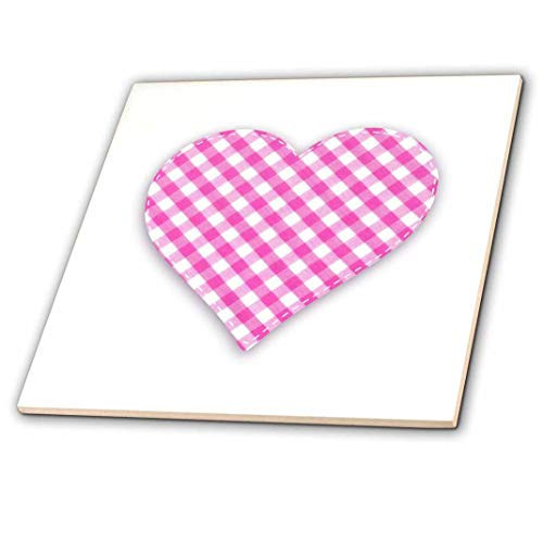3dRose ct_184875_1 Pink Gingham Heart Diagonal Hot Pink Check Pattern on Love Heart Ceramic Tile, 4"