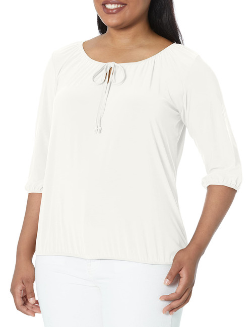 Star Vixen Women's Plus Size 3/4 Sleeve, Front Tie Peasant Top, Ivory, 1X