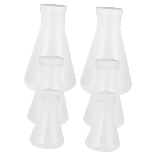 OKUMEYR 6pcs Plastic Erlenmeyer Flask with Stopper Conical Beaker Science Flask Conical Flask Erlenmeyer Flasks Heavy Wall Filtering Flask Chemistry Flask Filter Bottle Triangle