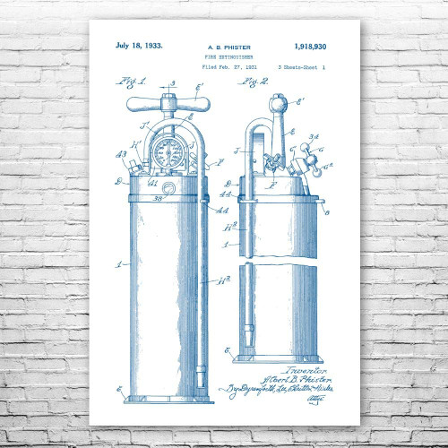 Fire Extinguisher 1933 Poster Print, First Responder, Volunteer Fireman, Firefighter Gift, Firehouse Decor, Fireman Gift Blue & White (8 inch x 10 inch)