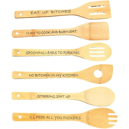 Funny Wooden Spoon Set(6Pcs), Bamboo Spoons, Wooden Cooking Spoons, Bamboo Cooking Utensils Set, Food Puns Wooden Spoons, Unique Wooden Engraved Oval Spoon Kit (A)