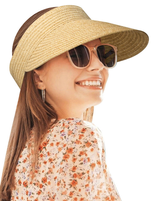 Visors for Women, Straw Sun Visor Hats for Women, Wide Brim Packable Sun Hat Womens, Summer Roll Up Beach Hats for Women (Beige)
