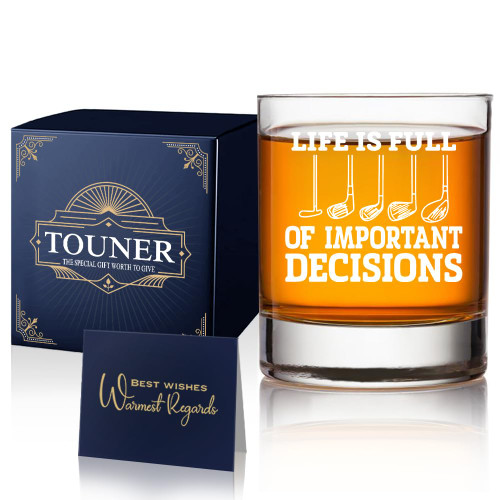 TOUNER Life Is Full Of Important Decisions Old Fashioned Whiskey Glasses, Funny Golf Gift for Dad Father Grandpa Husband, Fathers Day Birthday Gifts For Golf Lover, Retirement Gifts for Golfer