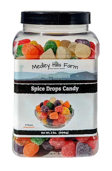 Spice Drops Candy By Medley Hills Farm 2 lbs. in Reusable Container - Assorted Gum drops candy - flavors of cinnamon, clove, anise, spearmint, root beer (sassafras) and wintergreen - old fashion candy soft jelly drops