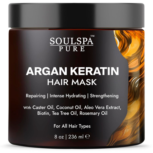SOULSPA PURE Argan Oil Hair Mask with Keratin - Strengthen, Hydrate, and Repair Dry, Damaged Hair - Enriched with Biotin, Tea Tree Oil & Rosemary Oil - All Hair Types - for Men and Women- 8.45 fl oz SOULSPA PURE Argan Oil Hair Mask with Keratin - Strengthen, Hydrate, and Repair Dry, Damaged Hair - Enriched with Biotin, Tea Tree Oil & Rosemary Oil - All Hair Types - for Men and Women- 8.45 fl oz