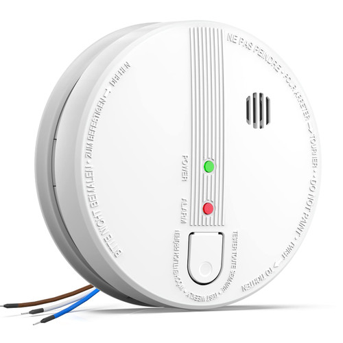 Smoke Detector, Hardwired Interconnected Smoke Detectors, Smoke Alarm with Replaceable 9V Battery, Interconnects Up to 12 Fire Alarms Smoke Detectors, Photoelectric Fire Alarm with Test/Silence Button