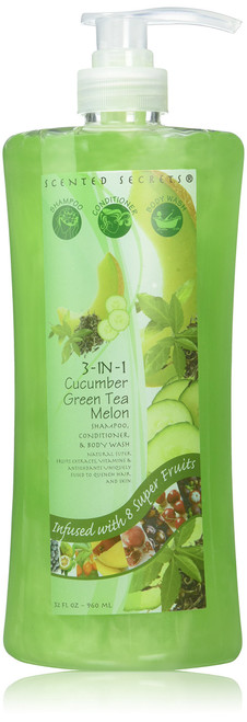 Scented Secrets 3 in 1 Shampoo, Conditioner and Body Wash, Cucumber Green Tea Melon, 32 ounce