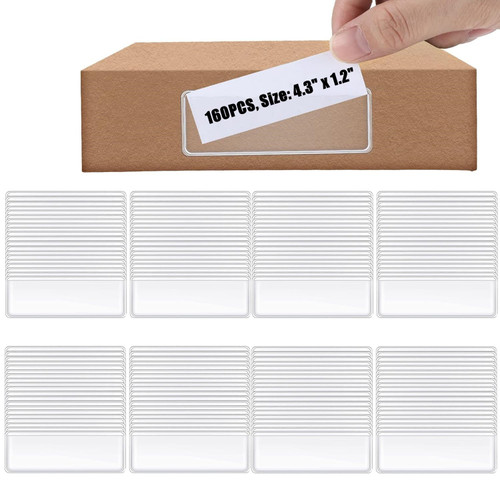 RHBLME 160 Pack Self Adhesive Label Holders, 4.3 Inch x 1.2 Inch Clear Shelf Tag Index Card Pockets Drawer Labels Storage Bins Label Holder for Shelves Supermarket Library School Office Mailbox
