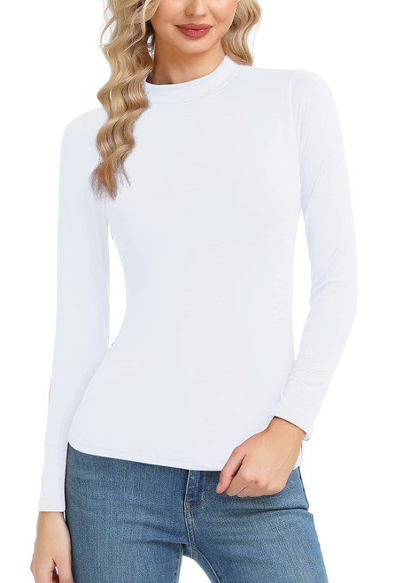 Qaffier Women's Basic Long Sleeve Thermal Top Lightweight Mock Neck Shirts Slim Fit Layer Soft Top Large White