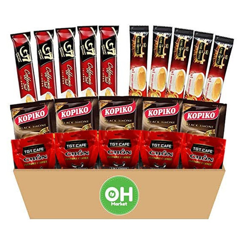 OHMARKET Asian Instant Coffee Mix Variety Sampler 20 Sticks of 4 Different Flavors Assortment (5 Pack of Each / TNI King Instant Coffe, G7 Instant Coffee, Kopiko Premium Coffee, Vinacafe Instant Coffee)