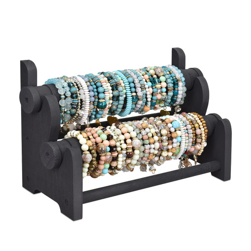 Ikee Design Wooden 2-Tier Bar Bracelet Bangle Jewelry Holder Stand Display Organizer, Wood Bracelet Bangle Holder, 11.75 W x 5.38 D x 8 H in,Black Color
