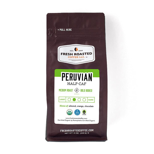 Fresh Roasted Coffee, Fair Trade Organic Peruvian Water-Processed Half-Caf, 12 oz, Kosher, Medium Roast, Ground Fresh Roasted Coffee, Fair Trade Organic Peruvian Water-Processed Half-Caf, 12 oz, Kosher, Medium Roast, Ground
