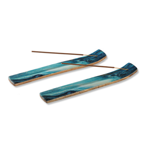 Folkulture Set of 2 Incense Holder or Incense Burner for Insence Sticks, Ash Catcher or Insence Burner Holder for Home Decor, Wooden Insense Stick Holders or Inscent Tray, Blue