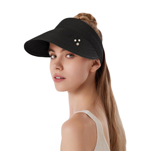 ELLEWIN Women Sun Visor Hat Wide Brim Straw Sun Visor Roll Up Sun Hat Ponytail Packable Beach Black Visor