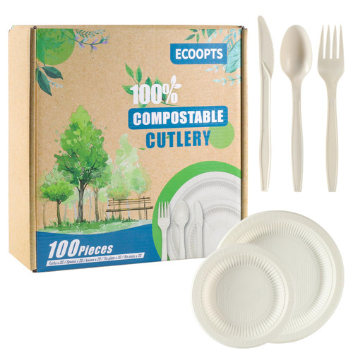 ECOOPTS 100 Pcs Disposable 100% Compostable Plates Set, Compostable Plate Eco Friendly Dinnerware Kit Includes 20 Plates, Forks, Knives and Spoons for Party Camping