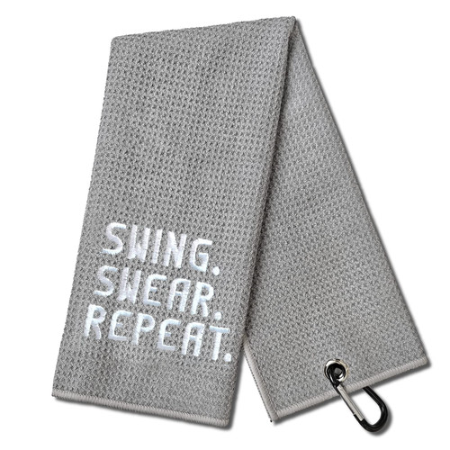 DYJYBMY Swing Swear Repeat Funny Golf Towel, Embroidered Grey Golf Towels for Golf Bags with Clip, Golf Gift for Men Husband Boyfriend Dad, Birthday Gifts for Golf Fan, Funny Golf Lover Gift