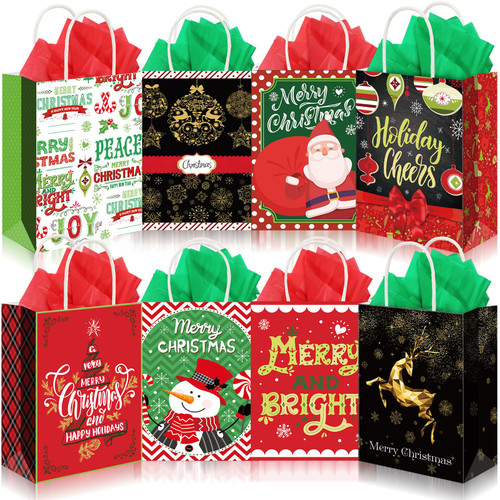 Cholemy 40 Pack Small Christmas Gift Bags Bulk with Handle Kraft Christmas Bags with Tissue Paper for Xmas Gift Party Favors (8.27 x 10.63 x 4.33 Inch)