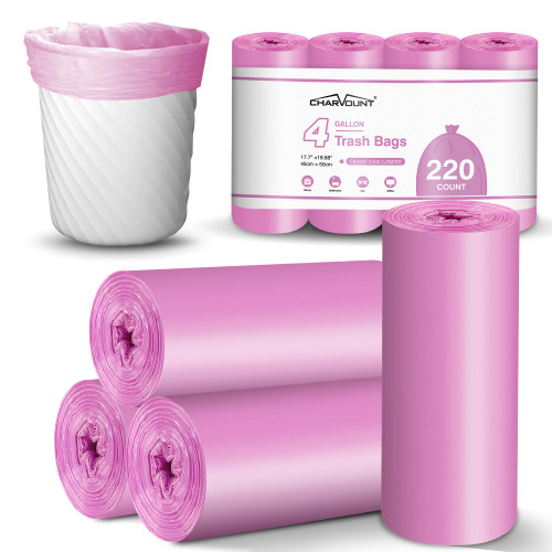 Charmount 4 Gallon Trash Bags 220 Count, Small Mini Garbage Bags for Bathroom Can Kitchen Bedroom,Unscented, Hot Pink