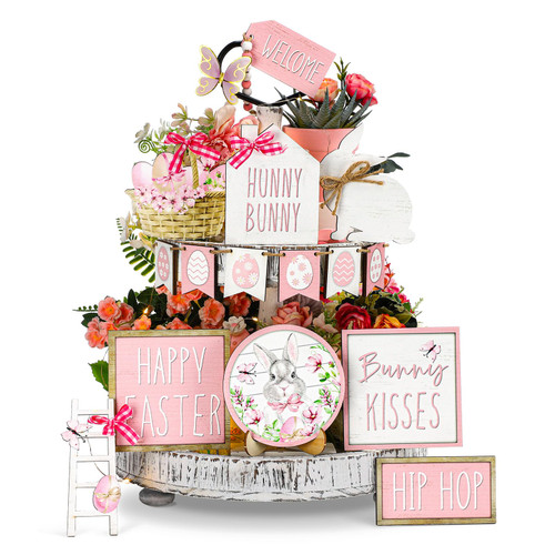 Bucherry 15 Pcs Easter Tiered Tray Decor Bunny Egg Flower Tiered Tray Decorations Easter Wooden Table Decor Spring Wooden Sign for Spring Easter Decor