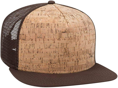 Ashen Fane Cork Flat Visor 5 Panel Snapback Mesh Back Trucker Hat, Dk.BRN/Cork/Dk.BRN