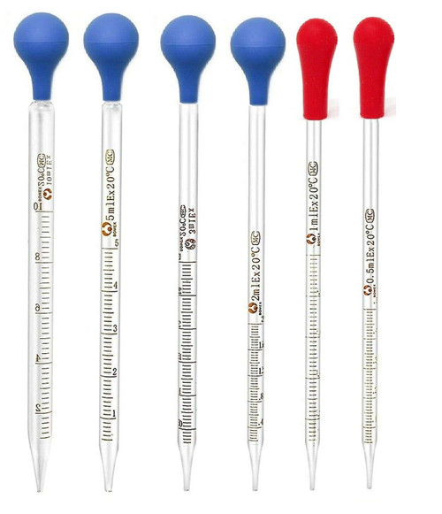6 Pack 0.5ml 1ml 2ml 3ml 5ml 10 ml Glass Graduated Dropper Pipettes Lab Dropper Liquid Essential Oil Transfer with Blue Rubber Cap and ScaleL8