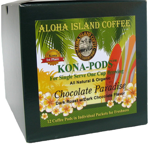 Aloha Island Coffee KONA-POD, Chocolate Paradise Dark Roast, Kona & Hawaiian Coffee Blend, 12-Count Coffee Pods