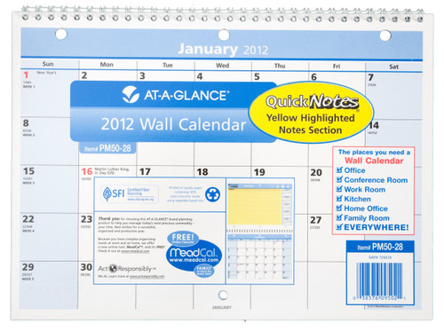 AT-A-GLANCE QuickNotes Recycled Desk/Wall Calendar, Med Wall, Blue/Yellow, 2012 (PM50-28)