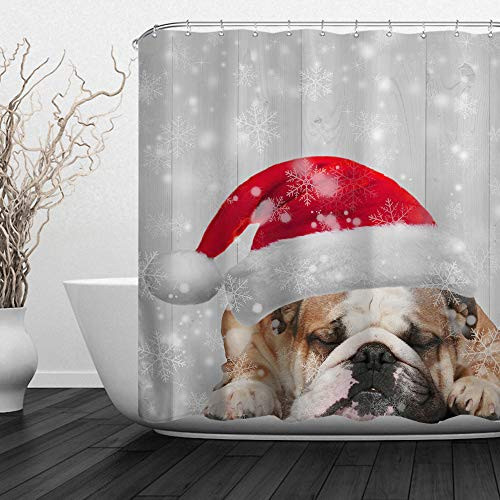 ALFALFA Merry Christmas Home Decor Polyester Fabric Bathroom Shower Curtain 72" W x 72" H (180CM x 180CM) - Christmas Pet Dog Bulldog